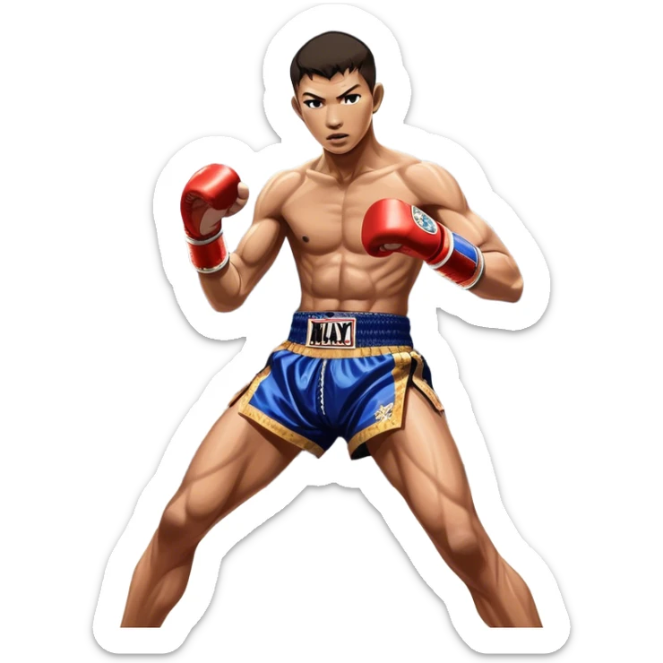 Muay Thai traditional – Cinematic Realistic Traditional Muay Thai Fighter, depicted in authentic Muay Thai attire with arm bands and shorts, poised in a dynamic fighting stance in a traditional Thai stadium, rendered with vivid textures and dramatic, high-contrast lighting that accentuates the art’s intensity. sticker