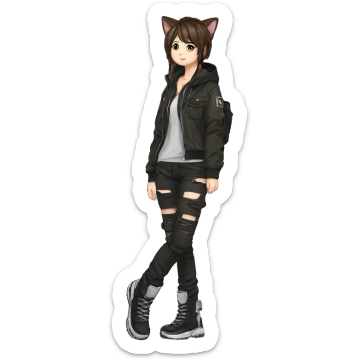 Edgy cool shy beautiful pretty anime punk tomboy with cat ears techwear cargo pants hoodie brown hair collar  sticker