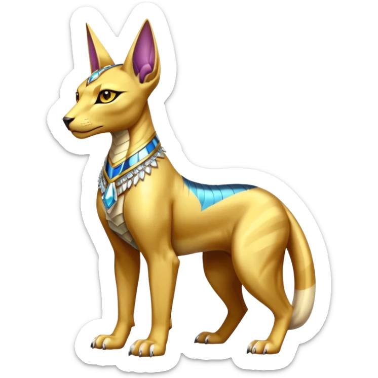 Modern futuristic shiny diamond colorful Anubis-Sphynx-Lombax-Zeraora-Renamon-fusion (full body) sticker