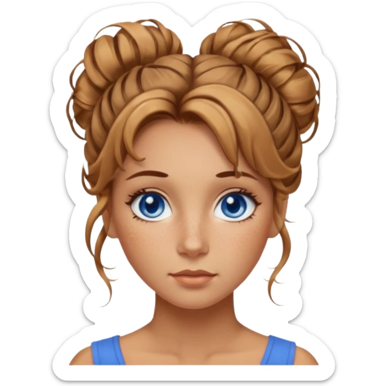 Attractive Woman with tan skin, wide face, freckles, messy updo hairstyle, and blue eyes sticker