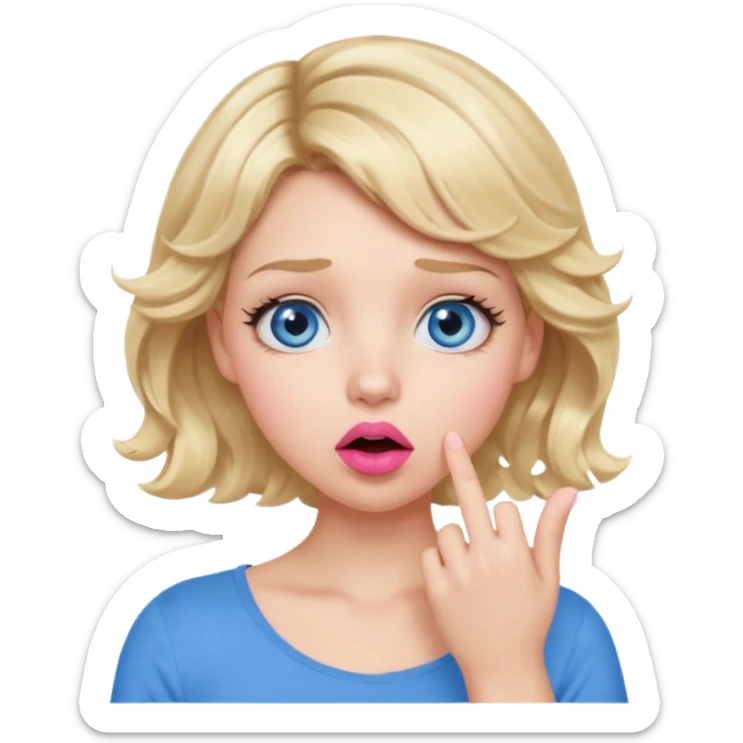 Girl Blonde short wavy hair,  blue eyes, cute blue top, long lashes, pink lips, shocked, hand over the mouth sticker