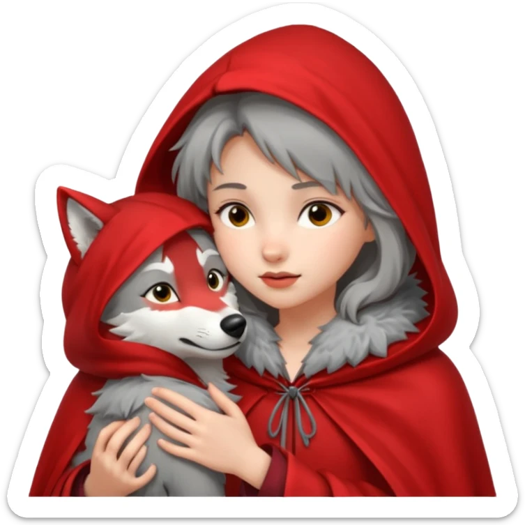 Niña del cuento de caperucita roja acariciando la cabeza de un lobo macho sticker