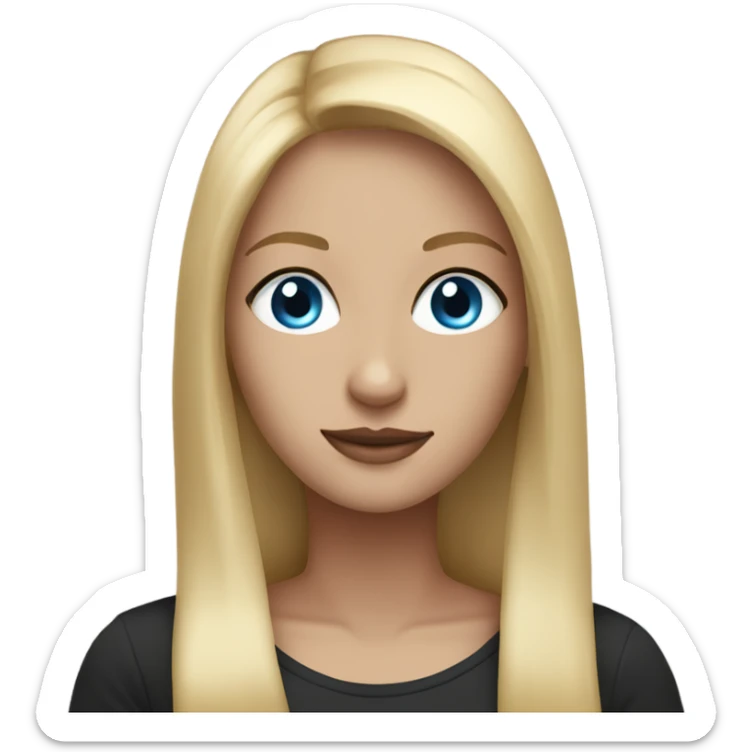 beautiful woman, long straight blonde hair, blue eyes, black t shirt sticker