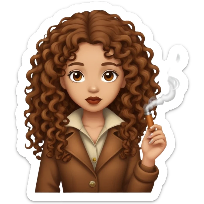 Lightskin girl with long brown curly hair smoking a wood sticker
