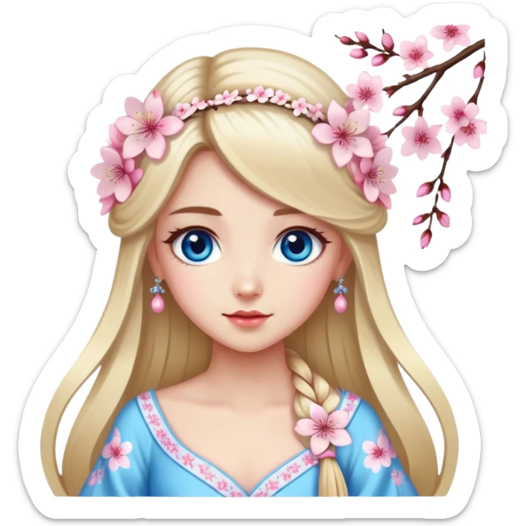 Turkish Girl with long blond hair with cherry blossom accessories on her hair with a long tailed cherry blossom designed dress on the ground and have blue eyes with beautiful finish  sticker