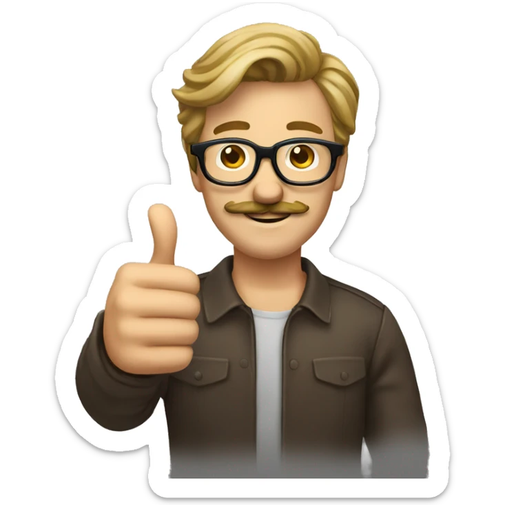 a guy with a big brown mustache, glasses, dark blonde hair, thumbs up sticker