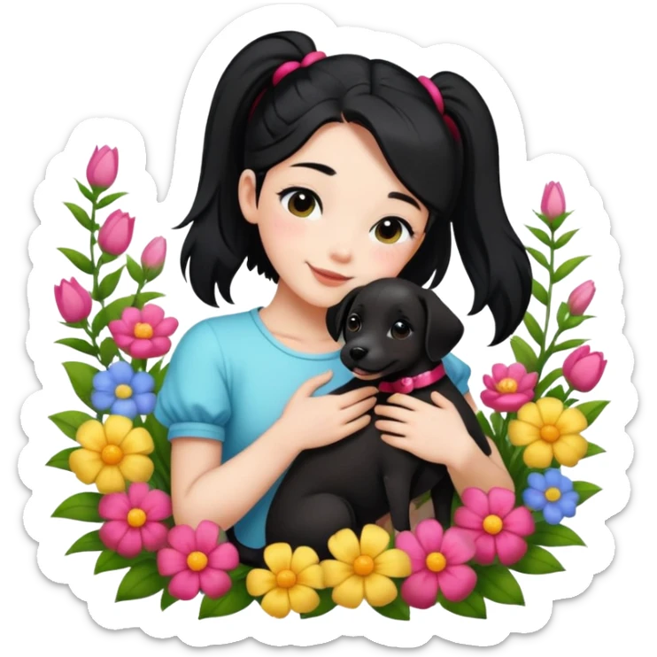 A beautiful girl with black ponytail and wearing short sleeves happily hugs a dog in the flowers sticker