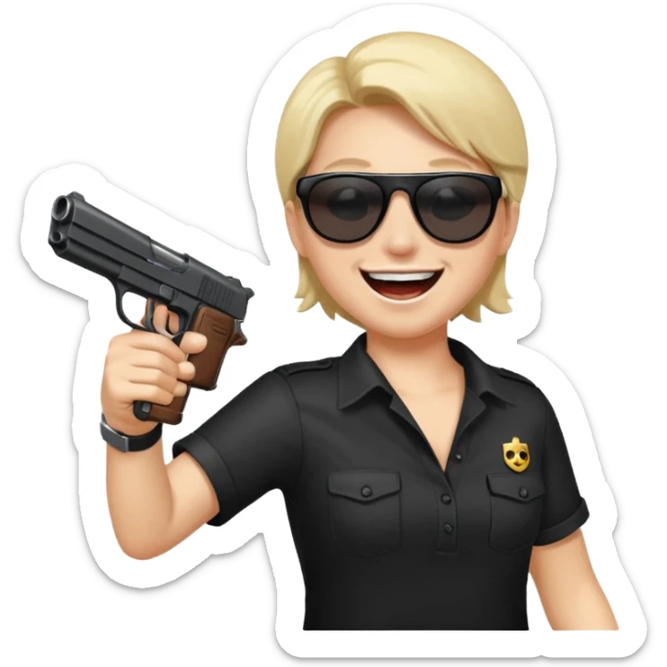 Quiero un emoji con lentes negros con una pistola automática en la mano riéndose y pasandose la pistola por la cara sticker