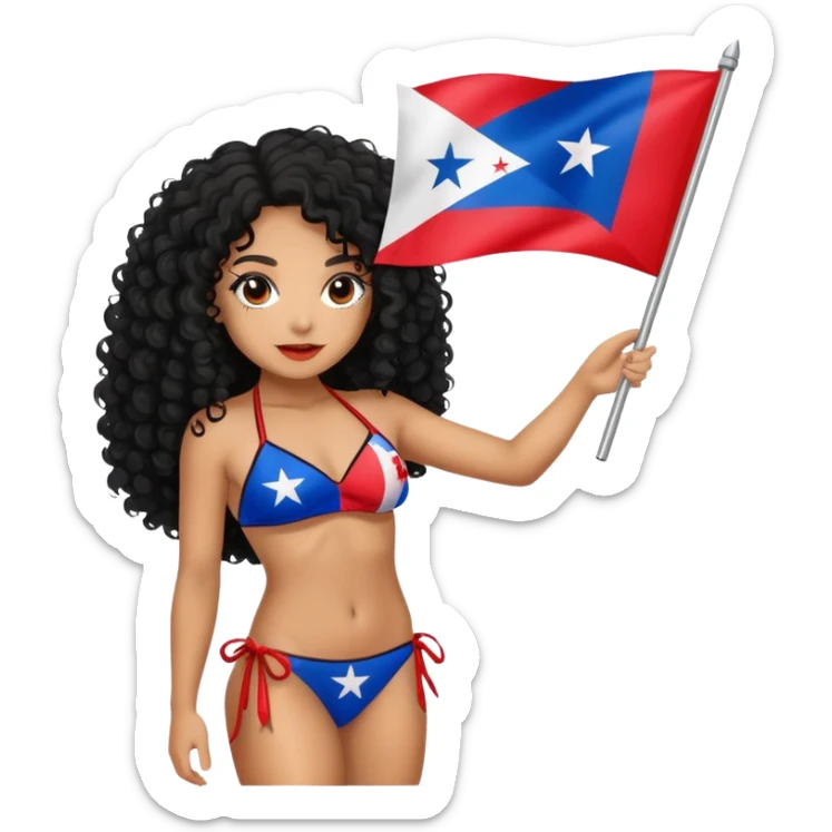 Tan skin girl with black curly hair holding a Puerto Rican flag while wearing a bikini sticker
