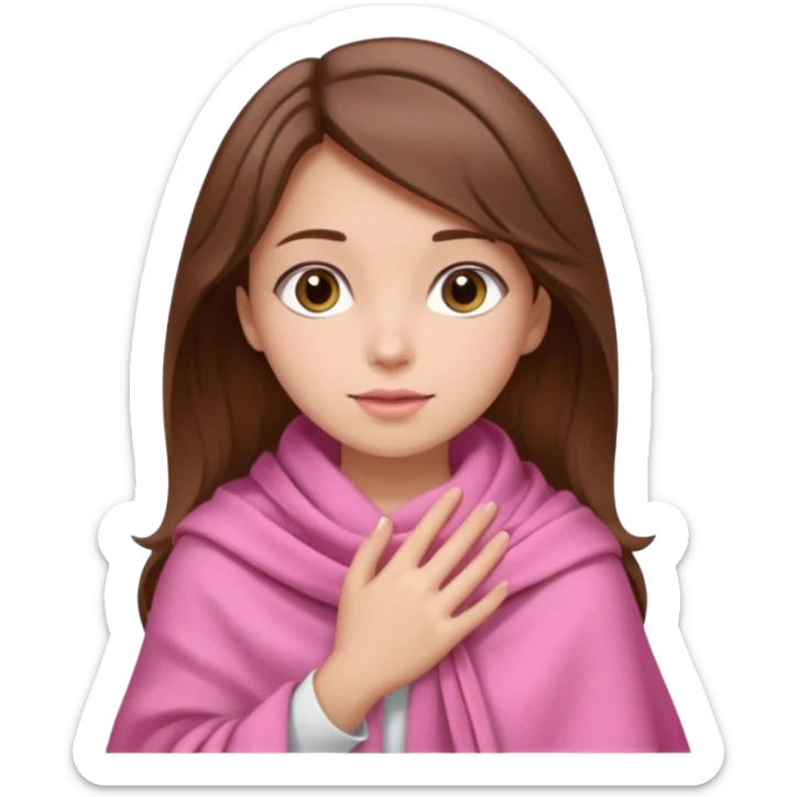 A girl with brown hair, wearing a pink shawl, has beautiful features and her hand rests on the shawl. sticker