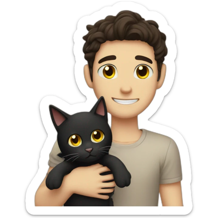 Guy with dark brown hair curtains  hairstyle and brown eyes hugs a black cat with yellow eyes sticker