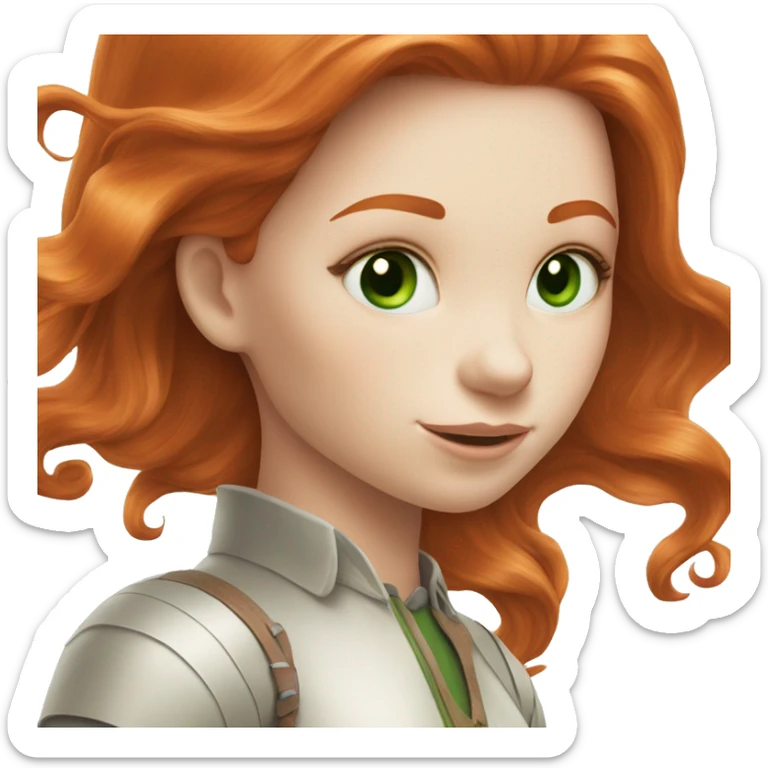 Redhead (ginger) girl, long blowout hair, green eyes and pale skin riding a white horse sticker