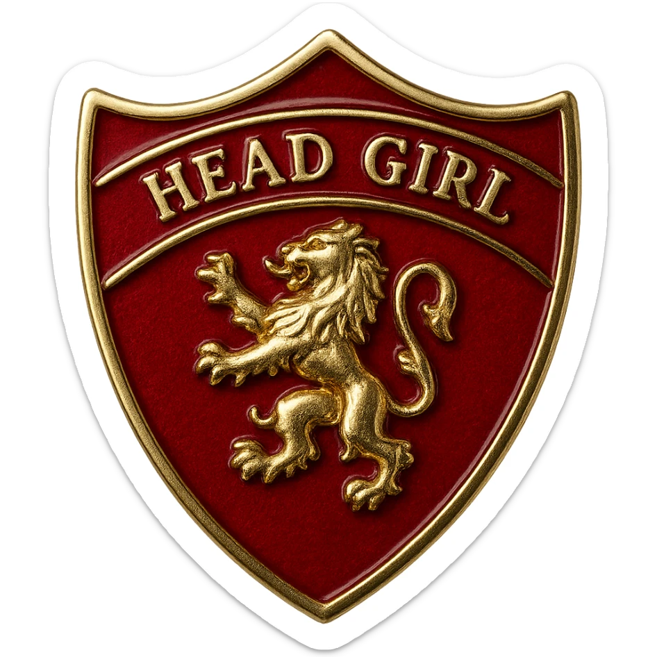 real Gryffindor head girl badge, no people, raised lion emblem, 'Head Girl' text, shiny red and gold finish, official Hogwarts award style sticker