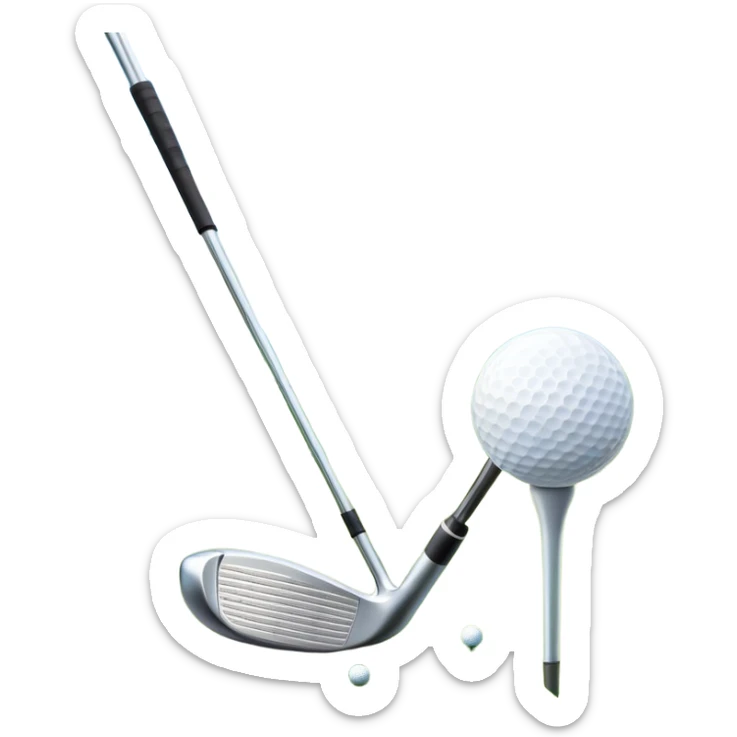 A golf ball on a tee, with a golf club placed beside it on the lush green fairway. The background shows a serene golf course with neatly trimmed grass and a clear blue sky, emphasizing the elegance and precision of the game. sticker