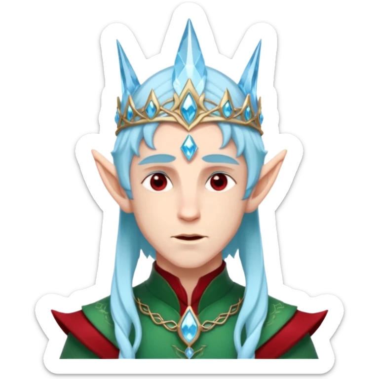 Fantasy elf portrait emoji, icy blue crystal crown with deep red accents, elegant elven features, cold noble winter expression, ice and crimson color palette, minimal clean design, flat readable emoji style, male variant sticker