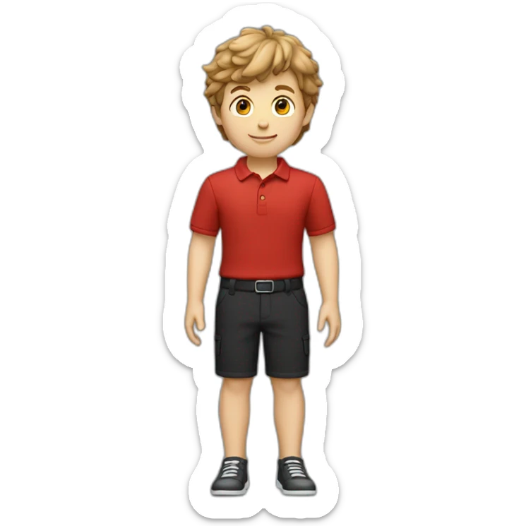 Caucasian-boy-child-shaggy-light-brown-hair-red-polo-shirt-black-trousers sticker