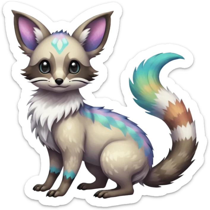 Rare iridescent white exotic epic aesthetic colorful Trico-Eevee-Civet-species-Fakemon-hybrid-creature, with intricate tattoo markings, full body sticker