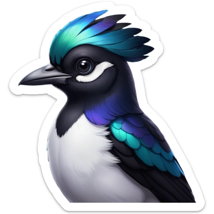 Cinematic Noble Magpie Portrait Emoji, Poised and sleek, with striking, iridescent black and white plumage, a sharp, inquisitive beak, and intense, observant eyes, Simplified yet sharp and sophisticated features, highly detailed, glowing with a soft, urban gleam, high shine, intelligent and graceful, stylized with an air of mischievous charm, focused and alert, soft glowing outline, capturing the essence of a watchful and confident magpie that appears ready to dart out of the screen with effortless authority! sticker