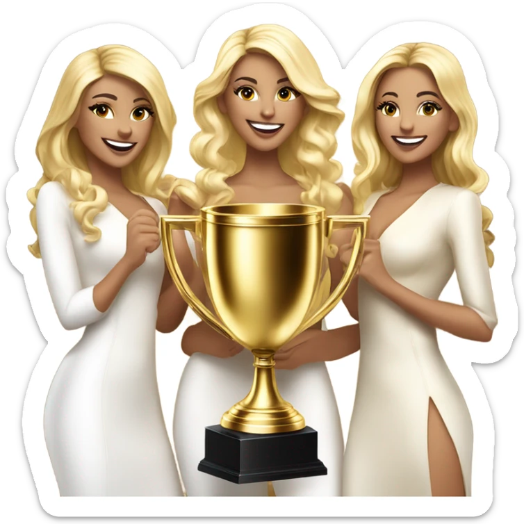 6 beautiful and stylish blonde and Latina models celebrating with 1 huge gold trophy sticker
