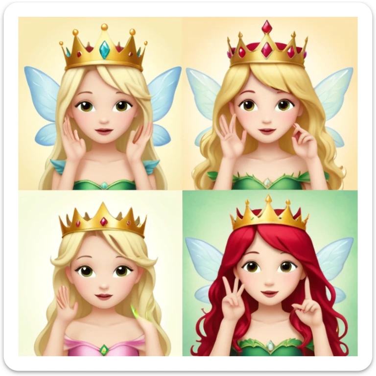 crea quattro fatine, una bionda con la corona, una castana, una mora e una rossa sempre con la corona mentre mandano l’occhiolino e un bacetto sticker