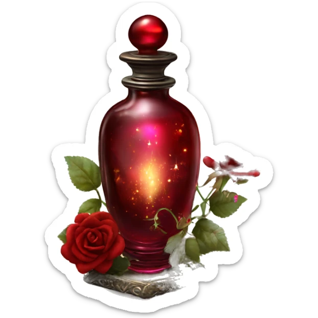 Dark red magic fairy sparkling old Antique oil perfume bottle with herbal and rose flowers sticker