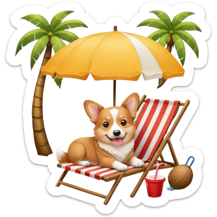 a corgi dog laied on a beach chair, a sunny beach, a sun umbrella, and beach coconut trees. the icon should capture the essence of a relaxing beach vacation with a carefree atmosphere sticker