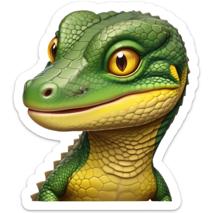 cinematic-realistic-cute-monitor-lizard-portrait-emoji,-head-tilted-playfully-and-inquisitively,-featuring-a-compact,-agile-body-with-finely-detailed,-glossy-scales-in-earthy-olive-hues-and-a-distinct,-alert-face-with-bright,-curious-eyes, yellow and dark green sticker