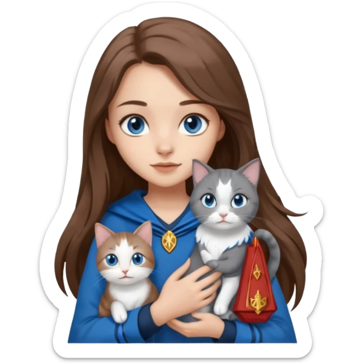 gorgeous Girl with light skin, blue eyes, long brown hair, wears a ravenclaw outfit, with a grey and white cat holding in her arms sticker