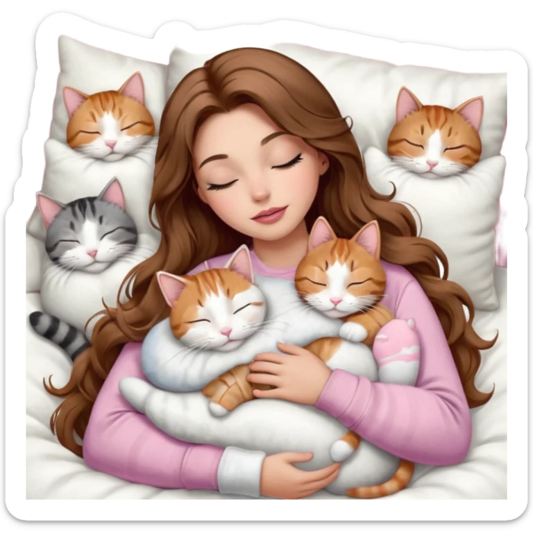 girl with long wavy brown hair, brown eyes, long lashes makeup, sexy pink lips, light to medium complexion,  sleeping on a cozy pillow, with 6 cats: 1 brown and white tabby cat, 1 ginger and white, 2 grey and white, 1 grey with white mittens and small white patch on chest and 1 calico, sleeping sticker