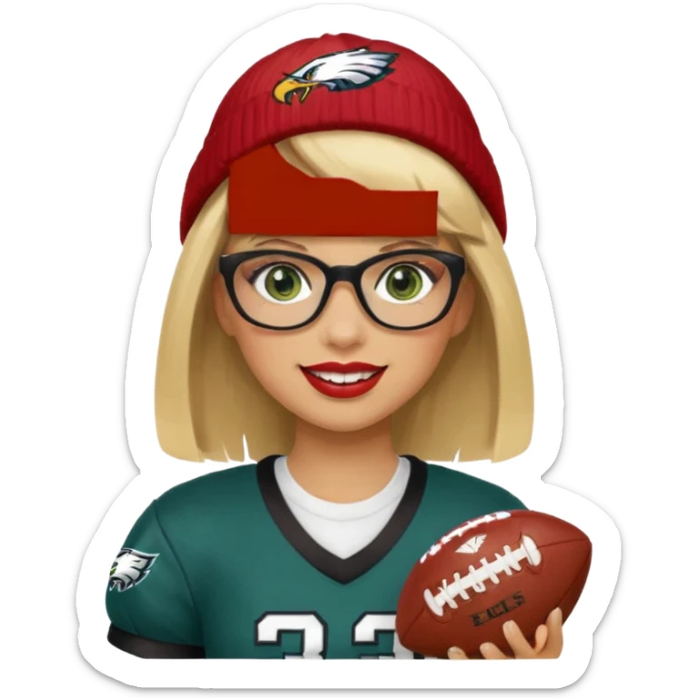 full length women wearing eagles uniform, long blonde hair, styled bangs, green eyes, black glasses, holding football, number 33, smiling, lipstick, eagles beanie sticker