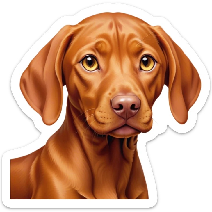 Cinematic Cute Vizsla Portrait Emoji, Head tilted playfully and inquisitively, featuring a sleek rust and gold Fur with a natural sheen, round, sparkling amber eyes filled with curiosity, Simplified yet irresistibly adorable features, highly detailed, glowing with a warm, friendly glow, high shine, affectionate and spirited, stylized with a touch of whimsy, bright and endearing, soft glowing outline, capturing the essence of a mischievous yet loving companion, so playful it feels like it could dash out of the screen and into your arms! sticker