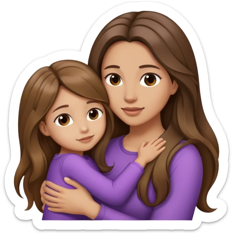 Mom with long balayage beautiful hair and daughter Children with long brown hair hugging sticker