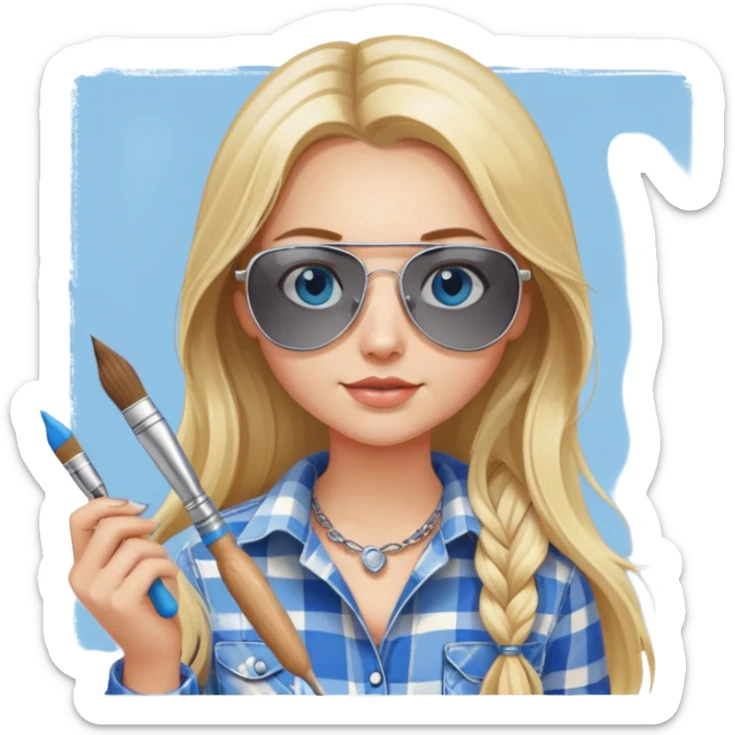 girl with long blond hair, wearing plaid shirt with blue eyes and aviator sunglasses wearing a ring on her silver necklace, holding a paintbrush roller sticker