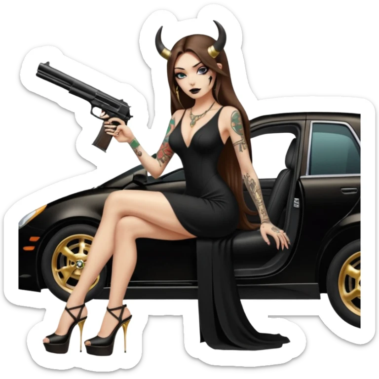 Sensual woman long brown straight haired sexy drug lord woman with tattoos on arm sleeves and black thick butt platform high heels on her feet, and devil black horns on her head, she is holding a skull head and a gun. Sitting on gold car full of cash , long black dress with sexy slit sticker