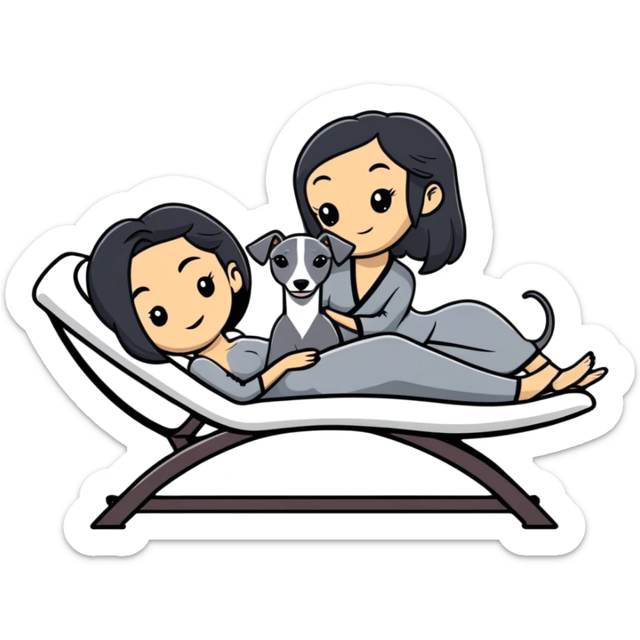 Very thin Chinese woman with long black hair relaxing on a spa lounger with exactly ONE Italian greyhound. CRITICAL REQUIREMENT: the dog must be ONE SOLID DARK CHARCOAL GREY COLOR from nose to tail with NO WHITE or LIGHT AREAS anywhere - NO white face, NO white muzzle, NO white chest, NO white paws, NO white tail tip - NOTHING BUT A SINGLE SHADE OF DARK GREY throughout the entire animal sticker