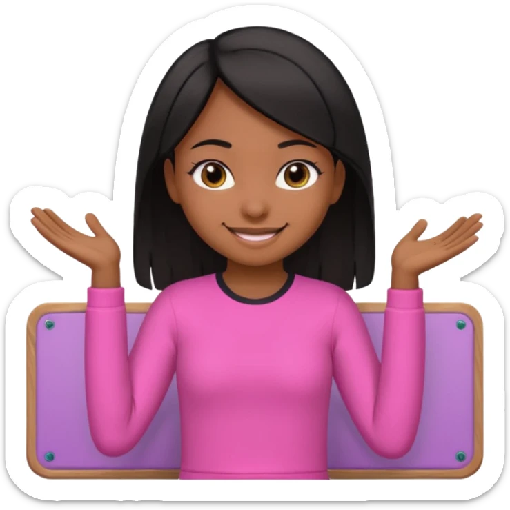 a brown skin teachers with hair that stop at elbows girl with black straight like hair wearing pink not hot pink 2 piece set teaching up on a board sticker