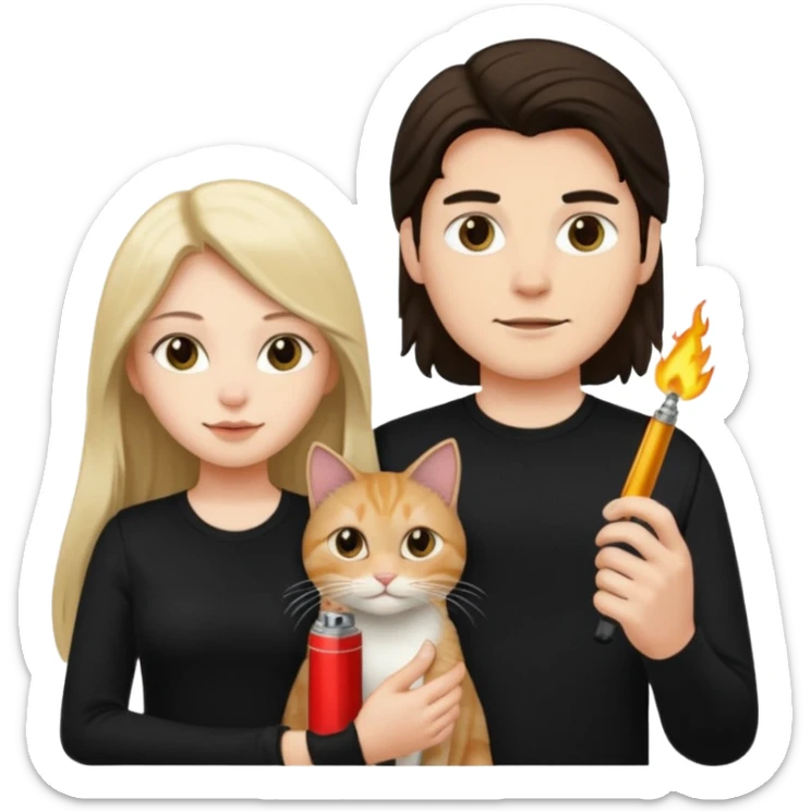 The man is wearing a black shirt and the women is wearing a black top and has longer hair. The cat is lighter  sticker