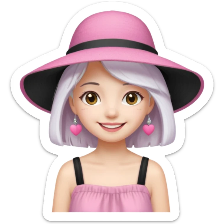 Girl in pink dress and sunhat smiling, black 2 string dress, white hair sticker