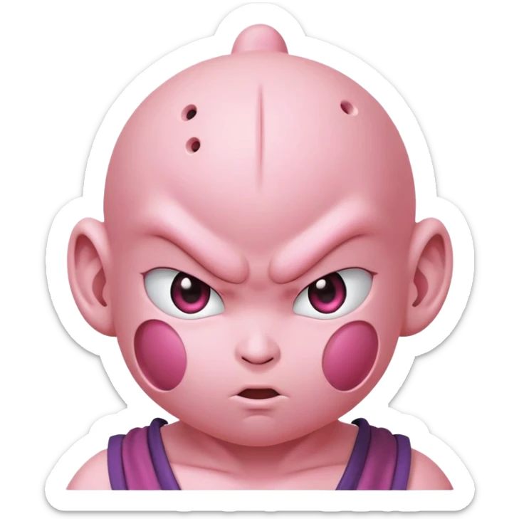 Majin Buu from Dragon Ball Z, pink round body with holes, antenna on head, childlike face sticker