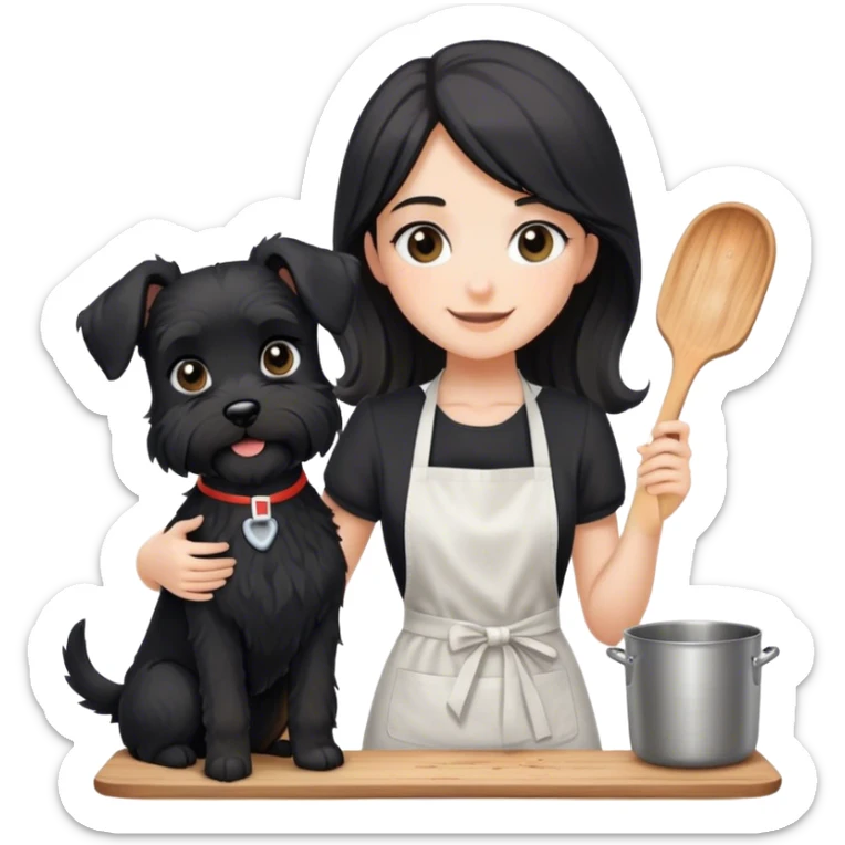 pale smiling girl baking with long back hair wearing black long shirt wearing apron holding black  schnauzer sticker