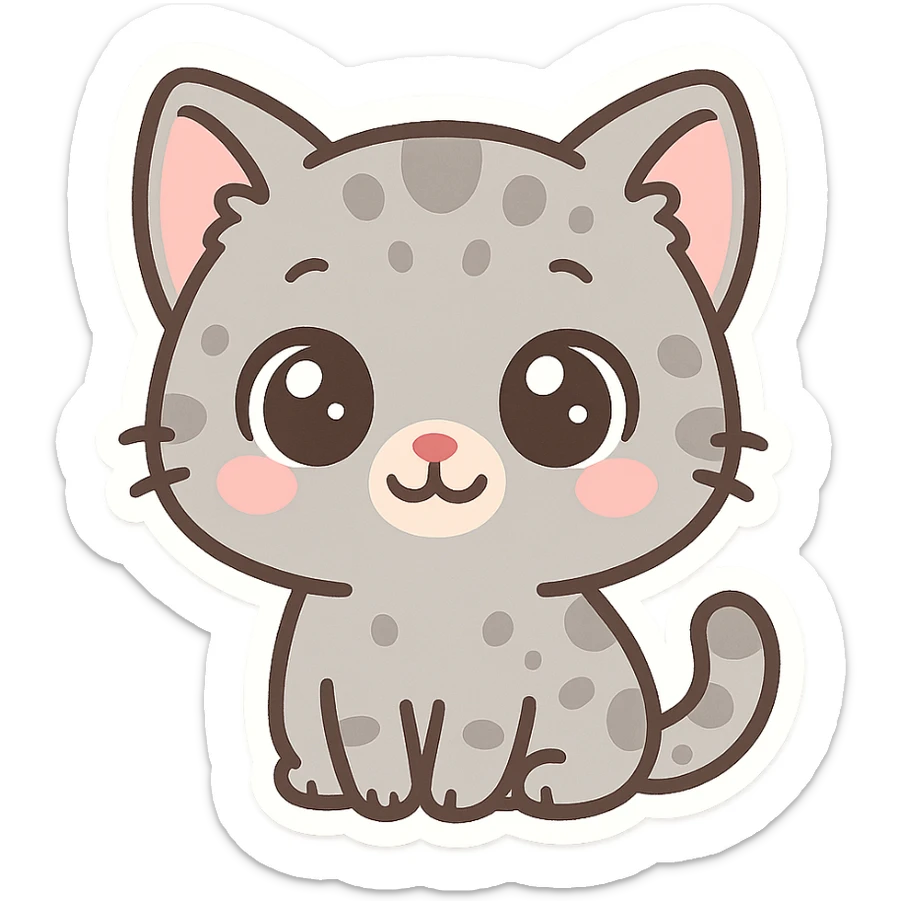 Cute emoji of a small gray cat with black spots, big shiny kawaii eyes, tiny pink nose, and a sweet smiling expression. Minimalist design, clean vector style, high resolution, soft pastel colors, with a transparent background. sticker