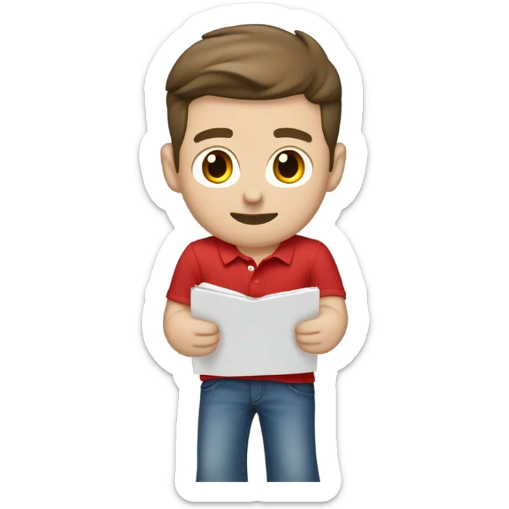 attractive young brunette man wearing red polo overtop a white shirt and really baggy jeans looking at records, pale skinned sticker