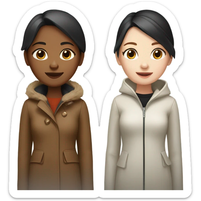 Two girls in winter coats walking- one with white skin black hair and the other with white skin and copper blonde hair  sticker