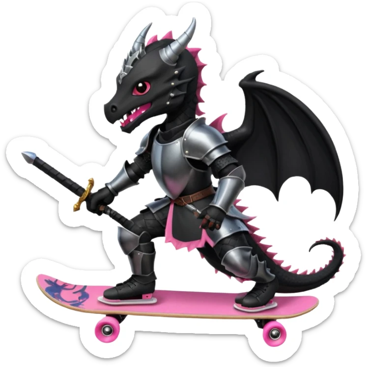 zwarte ridder met een zwarte zwaart en een zwarte schild met een zwarte draak op en hij skate met een roze skatebord en hij  zit tegen een draak te vechten sticker