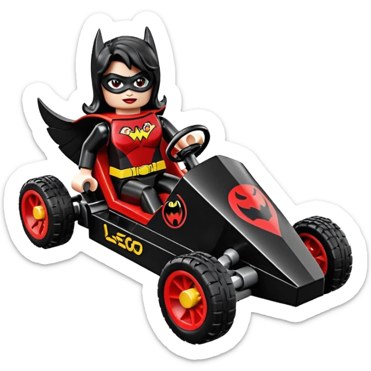 Hot full size real size-appearance electric road racing sexy BatWoman’s feminine midnight-colored tight outfit sixty’s tv show Lego dark stealthy sporty safe plush deluxe off-road pursuit cruiser car rose gold accents (black hair,reclined and relaxed torso and shoulders seating position) go kart  sticker