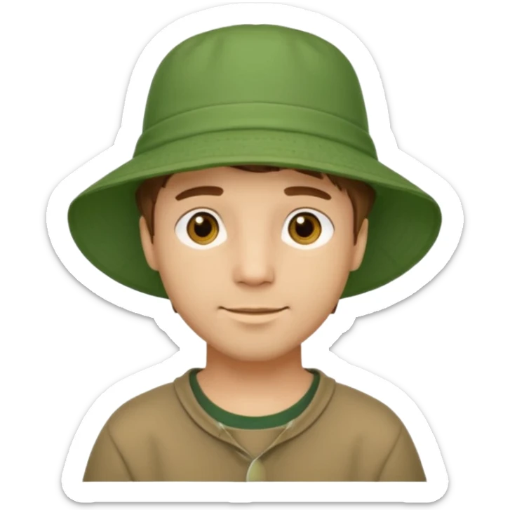 A light-skinned man with short brown hair, golden-brown eyes, and a soft smile, wearing a wide-brimmed green bucket hat. sticker