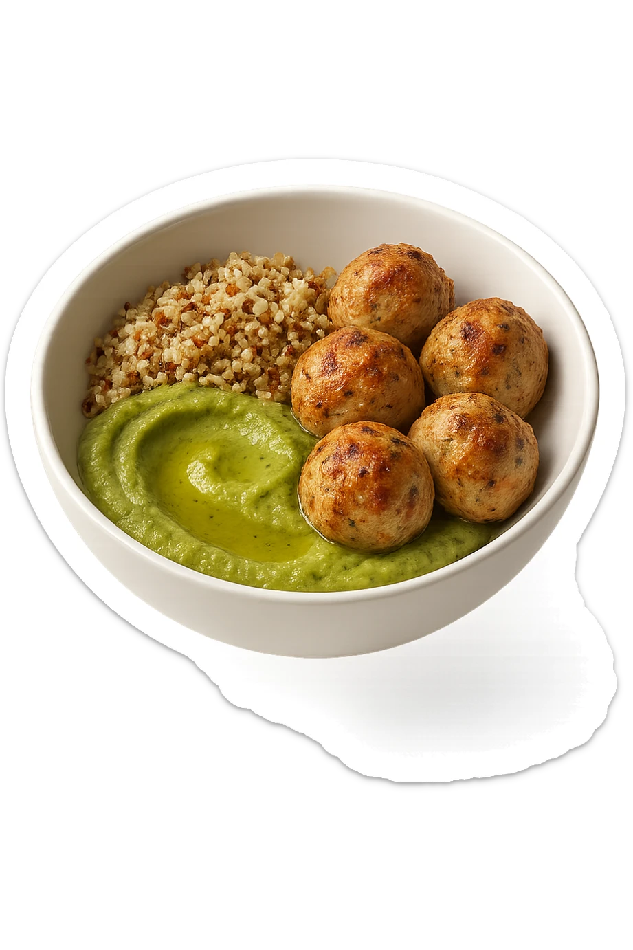 bowl bianca fluttua in aria con polpette di tacchino, purè di zucchine, quinoa e olio di oliva, iperrealistico 4k sticker