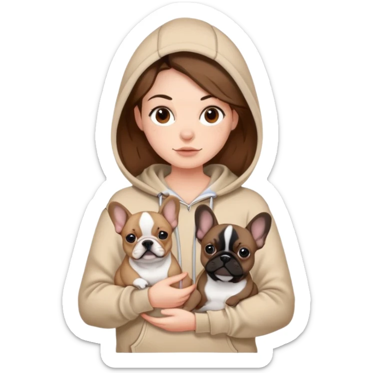 A brown haired girl wearing a beige hoodie is holding two French bulldogs, one beige and one black sticker