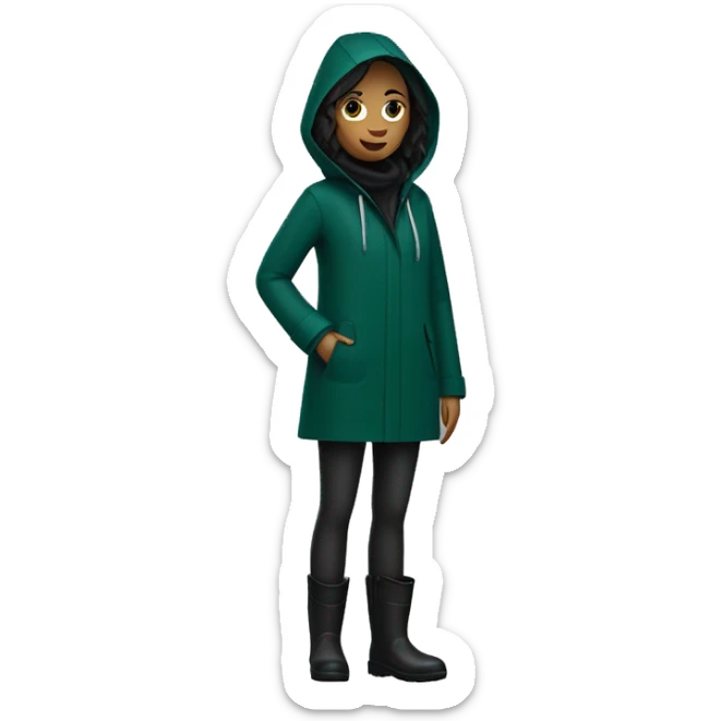 a skinny woman wearing a dark-green raincoat and black pants and dark-blue rainboots sticker