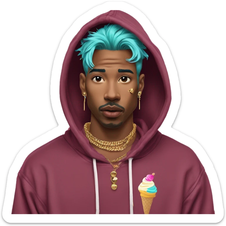 Vintage grunge patina intricate swirls golden sparkle tropical Deep pink maroon burgundy cyan dark hoodie man dyed hair and gold piercings nose piercing ear piercings ice cream  sticker